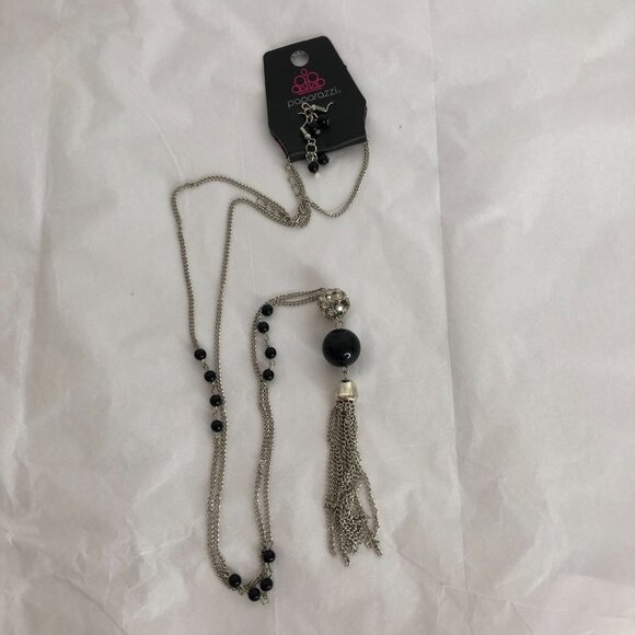 Tassel Takeover Silver Rhinestone Black Beaded 32" Long Necklace With Earrings - Picture 2 of 4